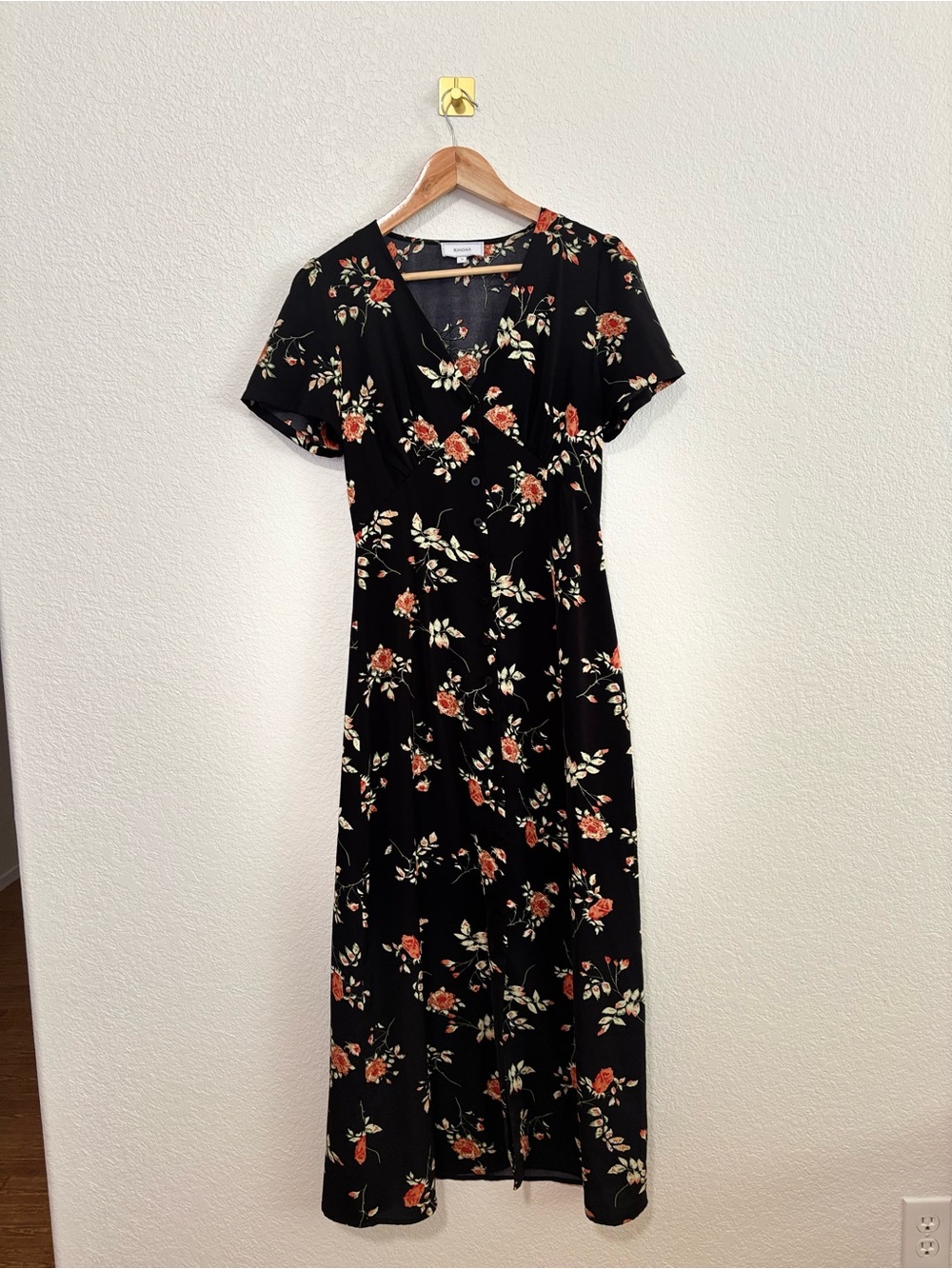 RIHOAS Black Floral Midi Dress Cottagecore Romantic Button Front Size S